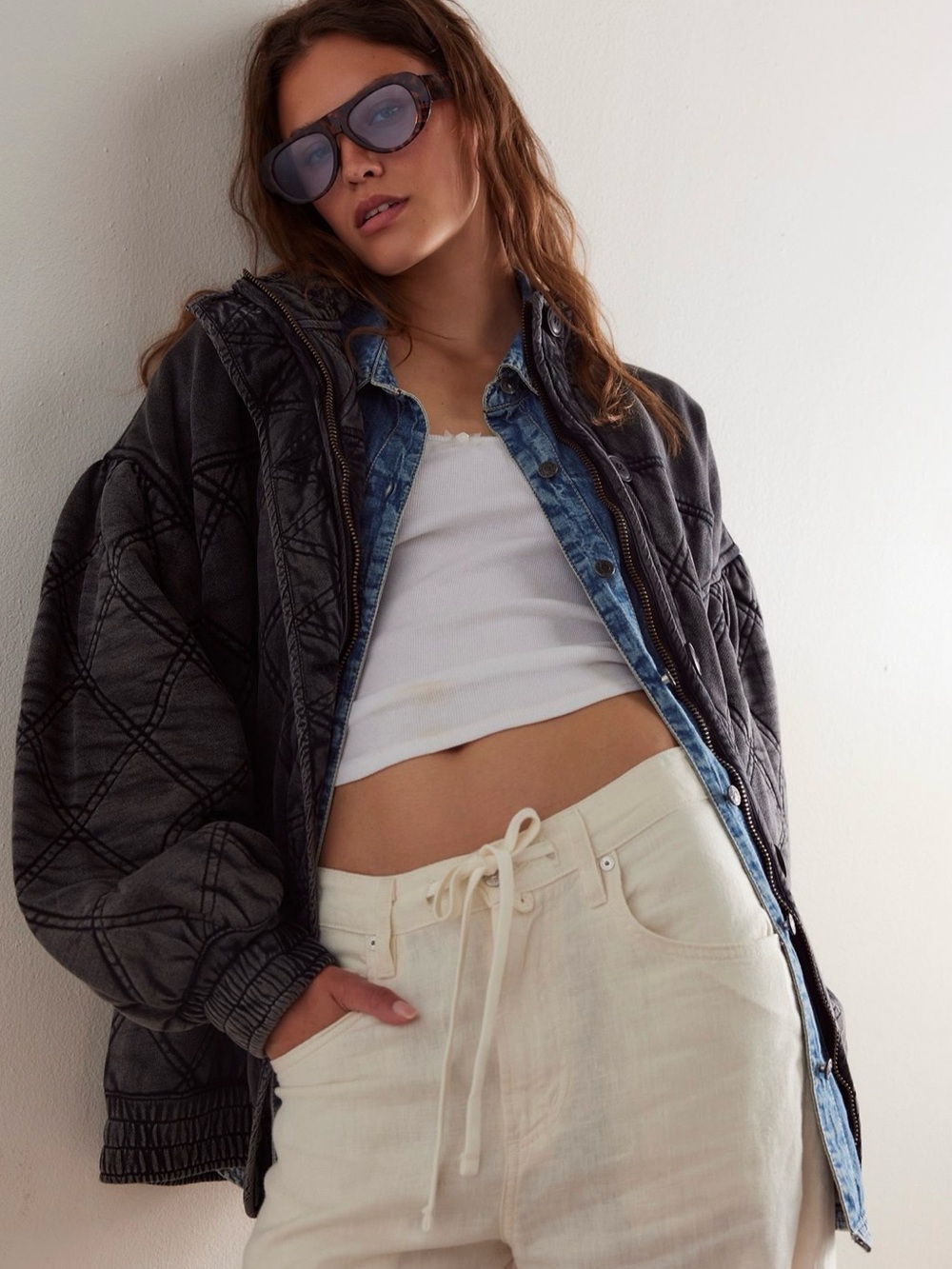 Free People Juno Quilted Diamond Charcoal Bomber Jacket